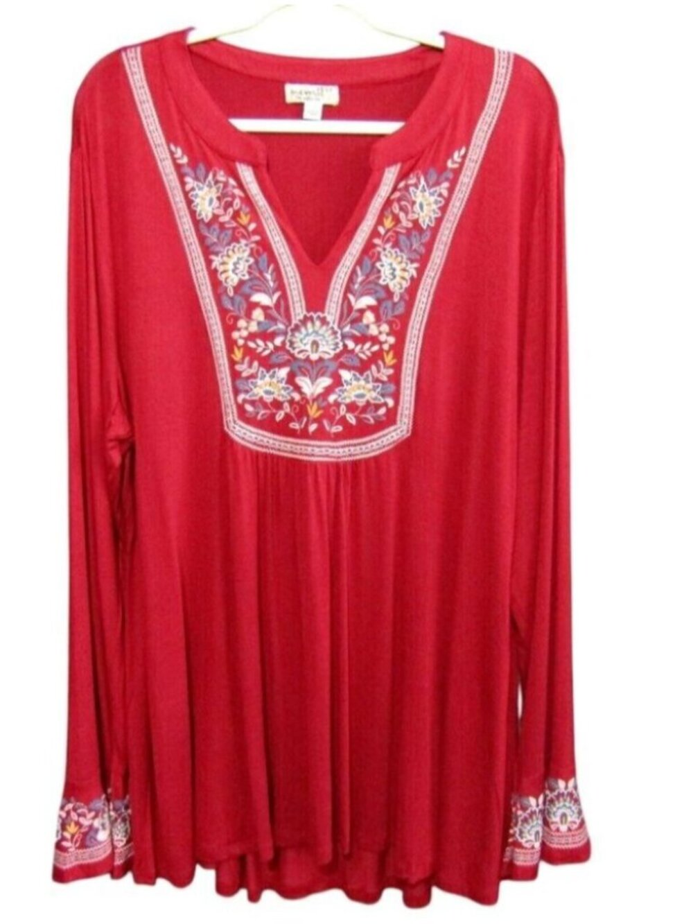 One World Red Floral Printed Boho Tunic Top Shirt Women Plus Size 2X Long Sleeve